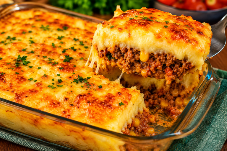 Escondidinho de Carne Moída com Purê Cremoso e Queijo Gratinado